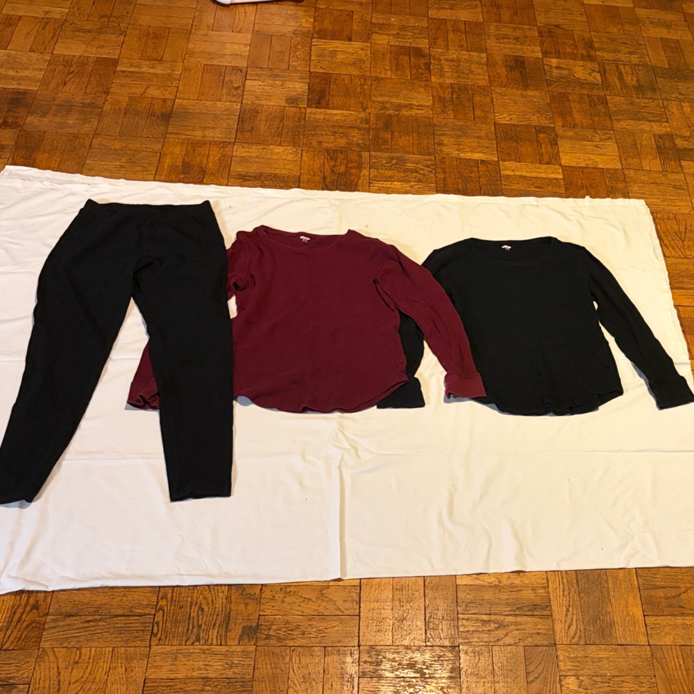 3 piece set- Black leggings, Burgundy and Black waffle knit long sleeve shirts